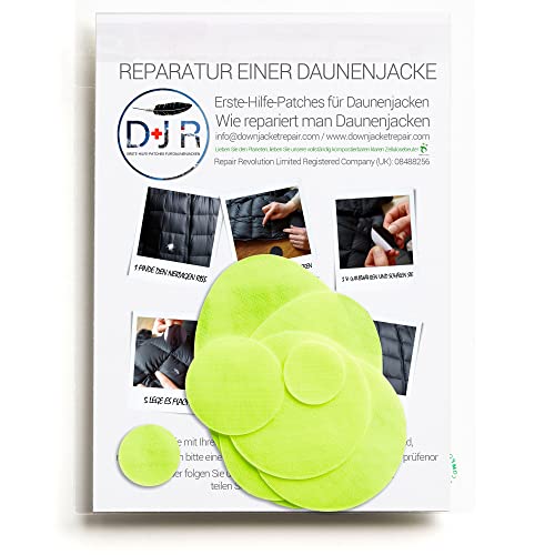 DJR Reparaturflicken für Daunenjacken – vorgeschnitten, selbstklebend, weich, wasserdicht, reißfest – reparieren Sie Löcher in Outdoor-Ausrüstung, Daunenjacken/Schlafsäcken (Fluro Gelb) von DJR