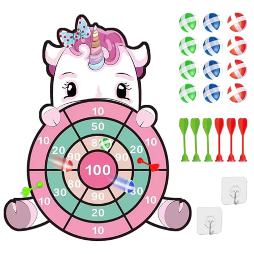 DKDDSSS Einhorn Geschenke für Mädchen 3-9, Einhorn Spielzeug, Einhorn Geschenke Kinder, Kinder Klett Dartscheibe 63cm, mit 12 Klebrigen Bällen, Drinnen und Draußen Dart Wurfspiel Set für Kinder von DKDDSSS