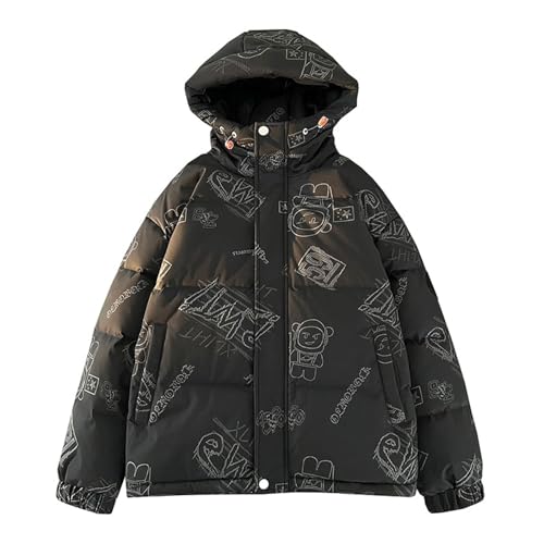 DMBDY Daunenjacke Down Jacket Unisex Kapuzenmantel Verdicken Leichte Pufferjacke Graffiti Warme Winteroberbekleidung,Black,L(62.5 von DMBDY