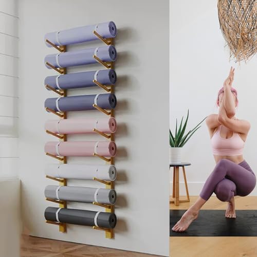 DMMFTERL Wandhalterung für Yogamattenhalter mit 9 Ebenen, dekoratives Aufbewahrungsregal für Yogamatten aus Massivholz, Trainingsgeräte für das Heim-Fitnessstudio/den Trainingsraum, Organiz von DMMFTERL