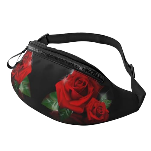 Gürteltasche mit roten Rosen, bedruckt, Polyester, für Reisen, Wandern, Sport, mit verstellbarem Riemen, Schwarz , Einheitsgröße von DNBCLEZK