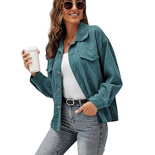 Cordhemd Damen Oversize Shirt mit Taste Hemdjacke Langarm Lose Revers, Frühling Herbst Hemd Outwear von DNJKH