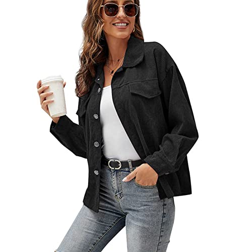 Cordhemd Damen Oversize Shirt mit Taste Hemdjacke Langarm Lose Revers, Frühling Herbst Hemd Outwear von DNJKH