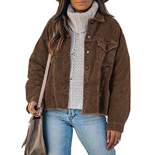 Damen Cordjacke Langarm Revers Blusen mit Knöpfen Hemdjacke Damen Cordhemd Bluse Jacke Freizeitjacke mit Taschen von DNJKH