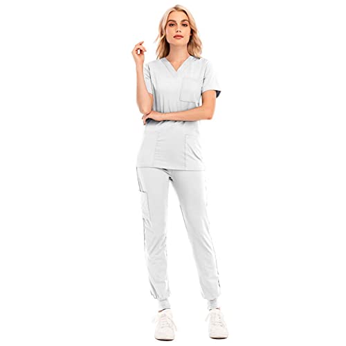 Damen Moderne Scrub Set Kurzarm Stretch Top und Hose Medizinische Berufsbekleidung von DNJKH