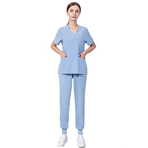 Schrubb-Set Medizinische Uniform Damen Kurzarm Sanitäruniformen mit Mehreren Taschen von DNJKH