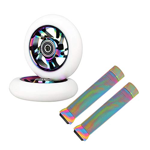 DOBRVVGT Stunt Scooter Rollen,Scooter Ersatzräder 2 stücke Ersatz 100mm Stunt Roller Räder Lager Roller Räder mit Stunt Scooter Freestyle Griffe(White with Rainbow) von DOBRVVGT