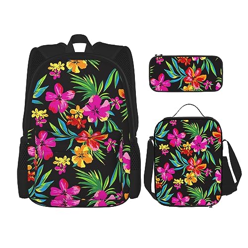 DOFFO Rucksack-Set mit Hawaii-Blumendruck, Reise-Laptop-Rucksack für Damen und Herren, lässige Büchertasche mit Lunchtasche, Federmäppchen, 3 Stück, Schwarz, Einheitsgröße, Tagesrucksäcke von DOFFO