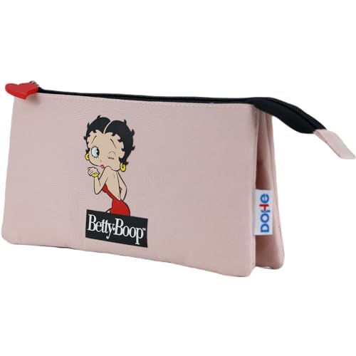 DOHE - Schulmäppchen 3 Fächer - Reißverschluss, offiziell lizenziert, strapazierfähiges Polyester, 23x12x2,5 cm, Schulmaterial - Betty Boop - Rosa von DOHE