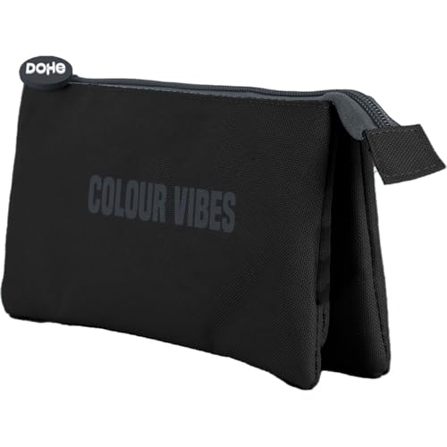 DOHE - Dreifaches Federmäppchen für die Schule - 3 Fächer, Mehrzweck-Federmäppchen, Maße 23 x 12 x 2,5 cm, Reißverschluss, aus strapazierfähigem Polyester - Colour Vibes Schwarz DOHE - Dreifaches Federmäppchen für die Schule - 3 Fächer, Mehrzweck-Federmäppchen, Maße 23 x 12 x 2,5 cm, Reißverschluss, aus strapazierfähigem Polyester - Colour Vibes Schwarz von DOHE
