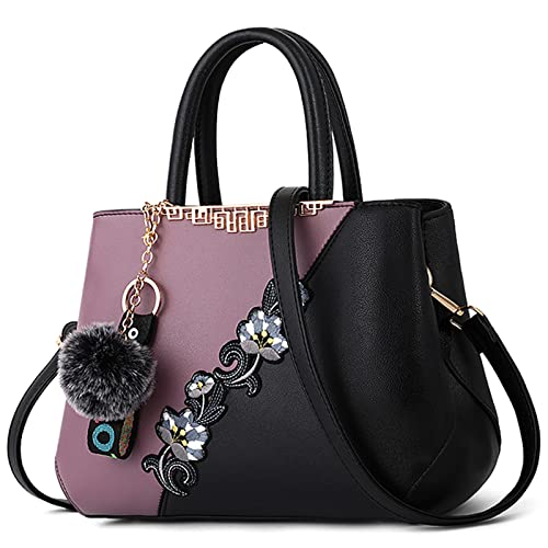 DORRISO Damen Handtasche Mode Stickdesign Schultertasche Große Kapazität Umhängetasche Casual Reise Handtasche PU Leder Top Griff Tasche für Frauen Lila A von DORRISO