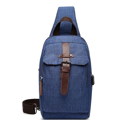 DORRISO Elegant Herren Brusttasche Leicht Schultertasche für 7,9 Zoll iPad mit USB Ladeanschluss Sling Bag für Urlaub Lässig Einkaufen Täglich Wandern Herren Leinwand Kuriertaschen Blau von DORRISO