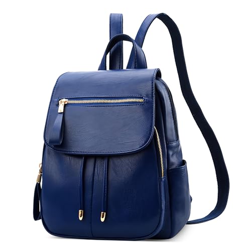 DORRISO Elegante Damen Klein Rucksack Leichte PU Leder Schulrucksäcke Klassische Süßer Tagesrucksack für Reisen Lässig Urlaub Täglich Outdoor Frauen Wasserdicht Rücksack Blau von DORRISO