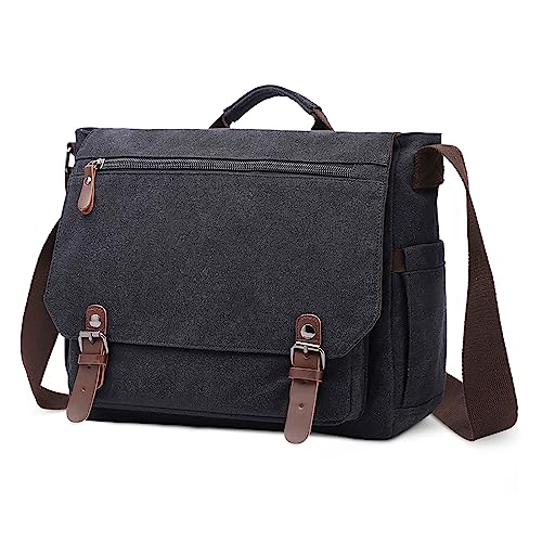 DORRISO Herren Umhängetasche Groß Messenger Bag 14 Zoll Laptoptasche für Herren mit Griff Vintage Schultertasche für Urlaub Lässig Geschäftsreise Täglich Canvas Herren Kuriertasche Schwarz von DORRISO