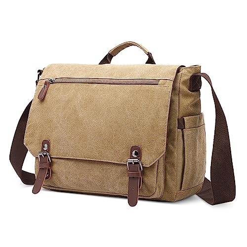 DORRISO Herren Umhängetasche Groß Messenger Bag 14 Zoll Laptoptasche für Herren mit Griff Vintage Schultertasche für Urlaub Lässig Geschäftsreise Täglich Canvas Herren Kuriertasche Khaki DORRISO Herren Umhängetasche Groß Messenger Bag 14 Zoll Laptoptasche für Herren mit Griff Vintage Schultertasche für Urlaub Lässig Geschäftsreise Täglich Canvas Herren Kuriertasche Khaki von DORRISO