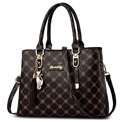 DORRISO Mode Damen Handtasche Reise Handtasche Einzigartiges Gittermuster Design Schultertasche Umhängetasche Casual Niedlicher Anhänger Top Griff Tasche für Frauen Braun von DORRISO