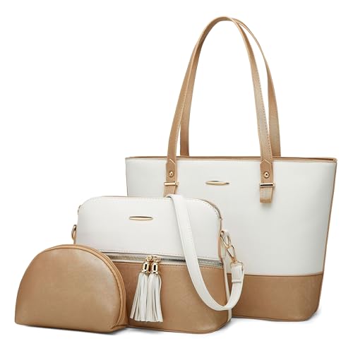 DORRISO Mode Damen Henkeltasche 3-teiliges Set mit Umhängetasche und Geldbörse Damen Elegant PU Leder Henkeltasche für Reise Einkaufen Arbeit Urlaub Business Shopper Schultertasche Weiß mit Khaki DORRISO Mode Damen Henkeltasche 3-teiliges Set mit Umhängetasche und Geldbörse Damen Elegant PU Leder Henkeltasche für Reise Einkaufen Arbeit Urlaub Business Shopper Schultertasche Weiß mit Khaki von DORRISO