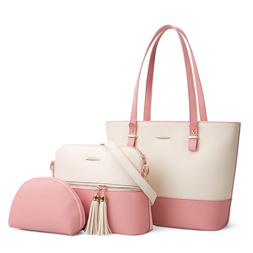 DORRISO Mode Damen Henkeltasche 3-teiliges Set mit Umhängetasche und Geldbörse Damen Elegant PU Leder Henkeltasche für Reise Einkaufen Arbeit Urlaub Business Shopper Schultertasche Weiß mit Rosa DORRISO Mode Damen Henkeltasche 3-teiliges Set mit Umhängetasche und Geldbörse Damen Elegant PU Leder Henkeltasche für Reise Einkaufen Arbeit Urlaub Business Shopper Schultertasche Weiß mit Rosa von DORRISO