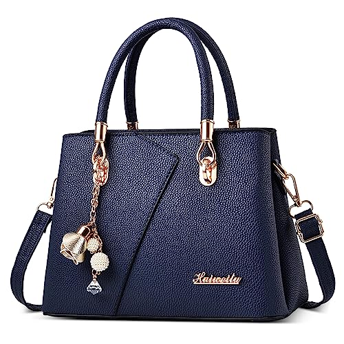 DORRISO Mode Handtasche Damen Elegant Tote Tasche mit Schickem Blumenanhänger Henkeltasche für Einkaufen Reise Urlaub Business Nachmittagstee PU Leder Damen Kuriertaschen Blau von DORRISO