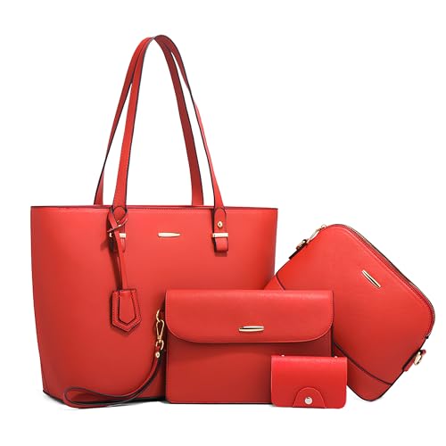 DORRISO Neue Handtaschen Damen 4 Teiliges Set Elegant Umhängetasche mit Mode Mehrfachfunktion Praktisch Leichtgewicht Damen Schultertasche für Büro Ernennung Urlaub Einkaufen PU Leder Rot von DORRISO