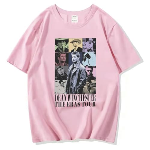 DPMTBD T-Shirt Dean Winchester Kurzärmlig Mode Cartoon Lässig Rundhalsausschnitt Top, Männer Bequemes Shirt Frauen Lässig Lose Kurzärmlig-Pink||XS von DPMTBD