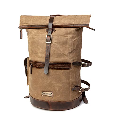 DRAKENSBERG Großer Reise Rucksack 'Dale' aus gewachstem Canvas mit Leder, wasserabweisend - Vintage-Design, bis 60L - Khaki-Sand, DR00605 von DRAKENSBERG