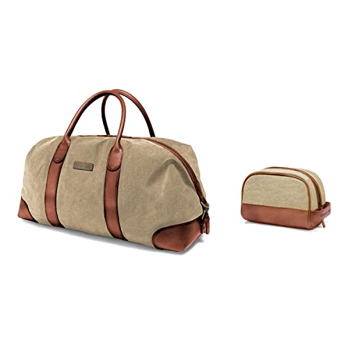 DRAKENSBERG Set/2 Weekender 'David' & Kulturbeutel 'Glen' - Reisetasche Herren, Damen, passende Kulturtasche, Canvas, Leder - Khaki-Beige, DR-SET-904 von DRAKENSBERG