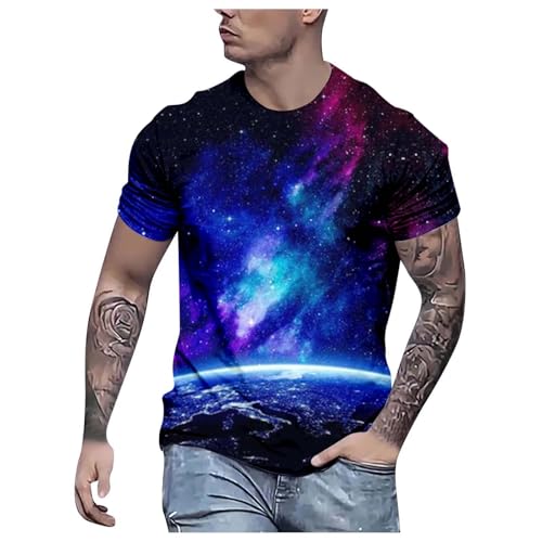 Batik Shirt Oversized Tshirt Herren,Galaxy Shirt Herren 3D Galaxie Bedrucken T-Shirts - Galaxy Kostüm Rundhals Kurzarm Oberteil Sternenhimmel Sommer Kostüm Für Karnevalskostüme Lässige Locker Tops von DRALOFAO