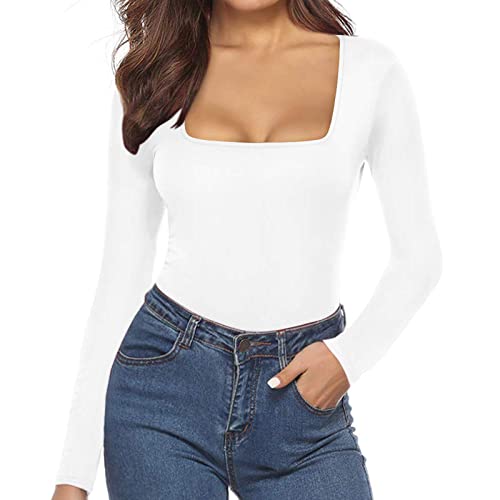 Body Damen Langarm Bodysuit Tops Damenbody Sexy Stretch Bodysuits Unterziehbody Quadratischer Hals Oberteil Elegant Langarmbody Jumpsuit Tanga Gerippt Bodys Thermo Shaper Blusenbody Shaping Für Damen von DRALOFAO