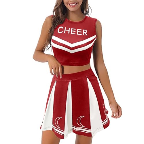 Cheerleader Kostüm Damen Sexy - Kostüme Halloween Chearleaders Karneval Uniform Ärmellos Pom Poms Cheerleading Partykleid Outfit Tops Und Rock Für Cheerleader-Kostüm von DRALOFAO