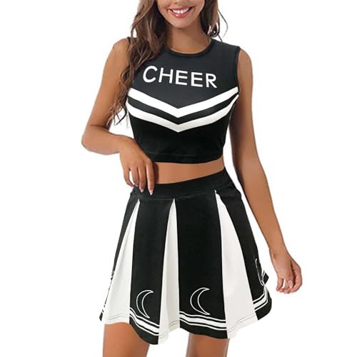 Cheerleader Uniform Damen Sexy - Outfit Ärmellos Kostüme Halloween Chearleaders Pom Poms Cheerleading Partykleid Kostüm Karneval Tops Und Rock Für Cheerleader-Kostüm von DRALOFAO