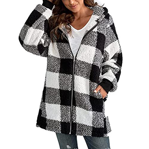 DRALOFAO Damen Fleecejacke, Teddyjacke Damen Karierte Teddy Fleece Mantel - Teddyfutter Plüschjacke Mit Kapuze Und Reißverschluss Fleecejacke Warm Winterjacke Warme Sherpa Fleece Teddy Jacke von DRALOFAO