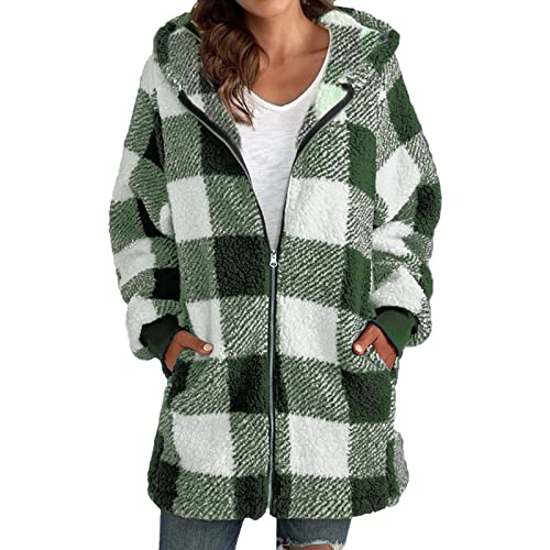 DRALOFAO Damen Fleecejacke, Teddyjacke Damen Karierte Teddyfleece Jacke - Fleecejacke Mit Teddyfutter Winter Teddy Mantel Mit Kapuze Und Reißverschluss Plüschjacke Warme Sherpa Fleece Teddy Jacke von DRALOFAO