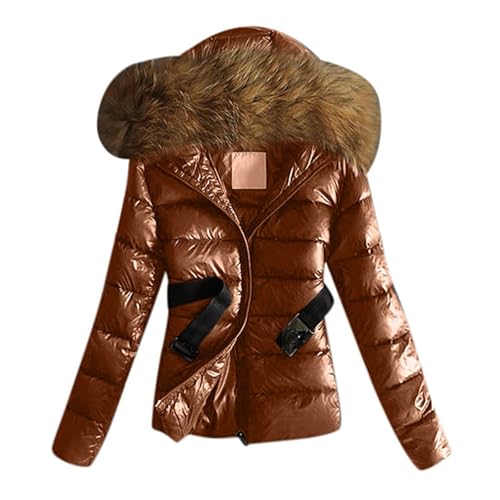 DRALOFAO Daunenjacke, Glänzende Daunenjacke Damen Schwarz Kurz Steppjacke - Winter Daunenmantel Mit Pelzkragen Mantel Warm Steppmantel Fleece Gefüttert Puffer Jacke Frauen Parka 2024 von DRALOFAO