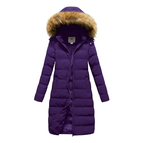 DRALOFAO Daunenmantel, Daunenmantel Damen Lang Winter Steppmantel Glänzend Daunenjacke - Warm Steppjacke Mit Abnehmbarer Kunstfell-Kapuze Winterjacke Fleece Gefüttert Puffer Jacke Parka von DRALOFAO