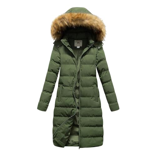 DRALOFAO Steppmantel Damen Winter, Daunenmantel Damen Lang Winter Steppmantel Glänzend Daunenjacke - Warm Steppjacke Mit Abnehmbarer Kunstfell-Kapuze Winterjacke Fleece Gefüttert Puffer Jacke Parka von DRALOFAO