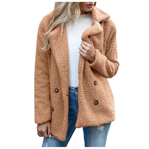 DRALOFAO Teddy Jacke Dame, Fleecejacke Damen Winter Warme Plüschjacke Mit Taschen - Einfarbig Revers Flauschige Herbst Wintermantel Outdoor Teddyfleece Knöpfen Fleece Jacke Für Frauen von DRALOFAO