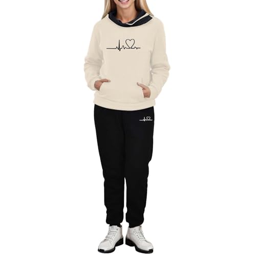 Trainingsanzug Damen Set 2 Teilig Herzschlag-Druck Tracksuit, Slim Hosenanzug Sport Freizeit Kapuzenpullover Y2K Baggy Hoodie Mit Taschen Streatwear Trainingsanzüge von DRALOFAO