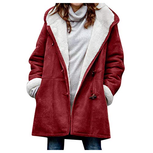 DRALOFAO Wildleder Mantel, Horn Plus Damenmantel Größe Plus Fleecejacke - Wildleder Wintermantel Warm Gefüttert Jacke Mit Kapuze Hornschnalle Mantel Flauschig Fleece Weich Warme Winterjacke von DRALOFAO