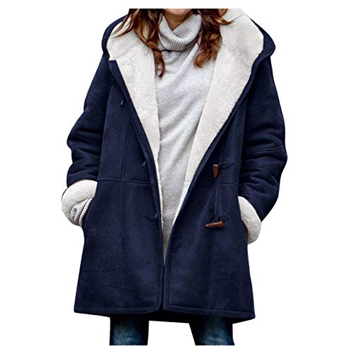 DRALOFAO Winterjacke Damen, Horn Plus Damenmantel Damen Lang Fleecejacke - Wildleder Wintermantel Warm Gefüttert Jacke Mit Kapuze Und Tasche Mantel Flauschig Fleece Weich Warme Winterjacke von DRALOFAO