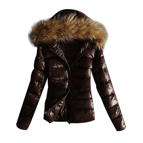 DRALOFAO Winterjacke Glänzend, Glänzende Daunenjacke Damen Schwarz Kurz Steppjacke - Winter Daunenmantel Mit Pelzkragen Mantel Warm Steppmantel Fleece Gefüttert Puffer Jacke Frauen Parka 2024 von DRALOFAO