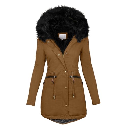 DRALOFAO Winterparka Damen, Winterjacke Damen Warm Gefüttert Wintermantel Mit Fellkapuze - Lang Schwarz Winterparka Wasserdicht Winterjacken Reißverschluss Knopfverschluss Winddicht Outdoorjacke von DRALOFAO