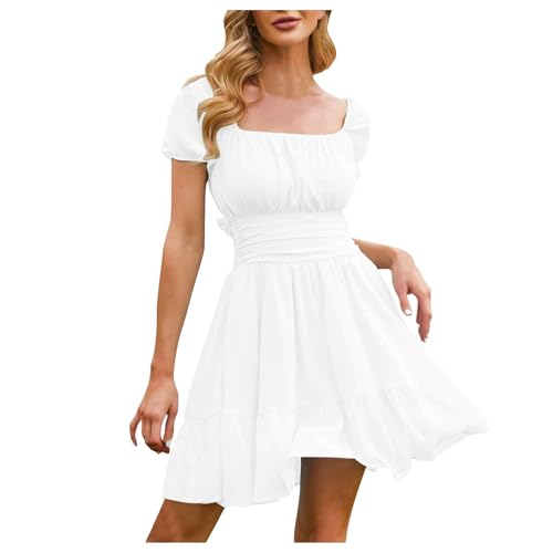 Damen Langarm Rückenfrei Chiffonkleid A Linien Kleider Swing Kleid Rüschen Saum Kurz Cocktailkleid Ballkleid Partykleid Sommerkleid Kurzarm Kleid Quadratischer Ausschnitt Strandkleid Mit Taschen von DRALOFAO