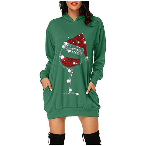 Damen Weihnachtskleid, Weihnachtskleid Damen Lustig Weinglas Druck Weihnachten Kleid - Langarm Rundhals Christmas Dress Frauen Elegant Weihnachts Kleidung Festkleider Lang Kapuzenpullover Mit Taschen von DRALOFAO