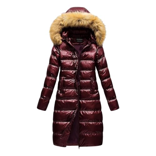 Daunenmantel Damen, Daunenmantel Damen Lang Winter Steppmantel Glänzend Daunenjacke - Warm Steppjacke Mit Abnehmbarer Kunstfell-Kapuze Winterjacke Fleece Gefüttert Puffer Jacke Parka von DRALOFAO