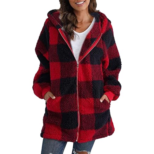 Fleecejacke Damen, Teddyjacke Damen Karierte Teddy Fleece Mantel - Teddyfutter Plüschjacke Mit Kapuze Und Reißverschluss Fleecejacke Warm Winterjacke Warme Sherpa Fleece Teddy Jacke von DRALOFAO