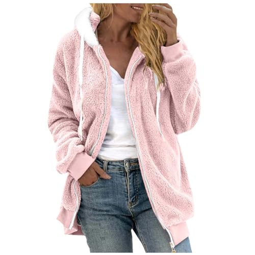 Fleecejacke Hoodie Herbst Winter Damen, Sweatshirt Jacke Mit Taschen Kuscheljacke Teddyfleece Damen Teddy Fleece Winterjacke Reißverschluss Mantel von DRALOFAO