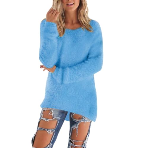 Fleecepullover Damen, Plüsch Pullover Damen Teddy-Fleece Lang Flauschig Pulli - Winter Warm Plüschpullover Einfarbig Rundhals Langarm Winterpullover Weich Casual Sweatshirt Thermo Shirt von DRALOFAO