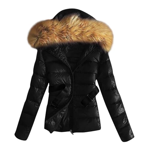 Glänzende Daunenjacke Damen, Glänzende Daunenjacke Damen Schwarz Kurz Steppjacke - Winter Daunenmantel Mit Pelzkragen Mantel Warm Steppmantel Fleece Gefüttert Puffer Jacke Frauen Parka 2024 von DRALOFAO