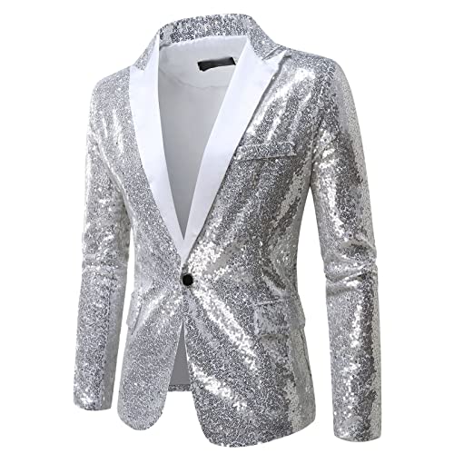 Glitzer Blazer Herren Pailletten Anzug - Slim Fit Freizeit Disco Outfit Glitzerjacke Silber Party Smoking Anzüge Glitter Jacke Karneval Kostüm Für Hochzeit Festlich von DRALOFAO